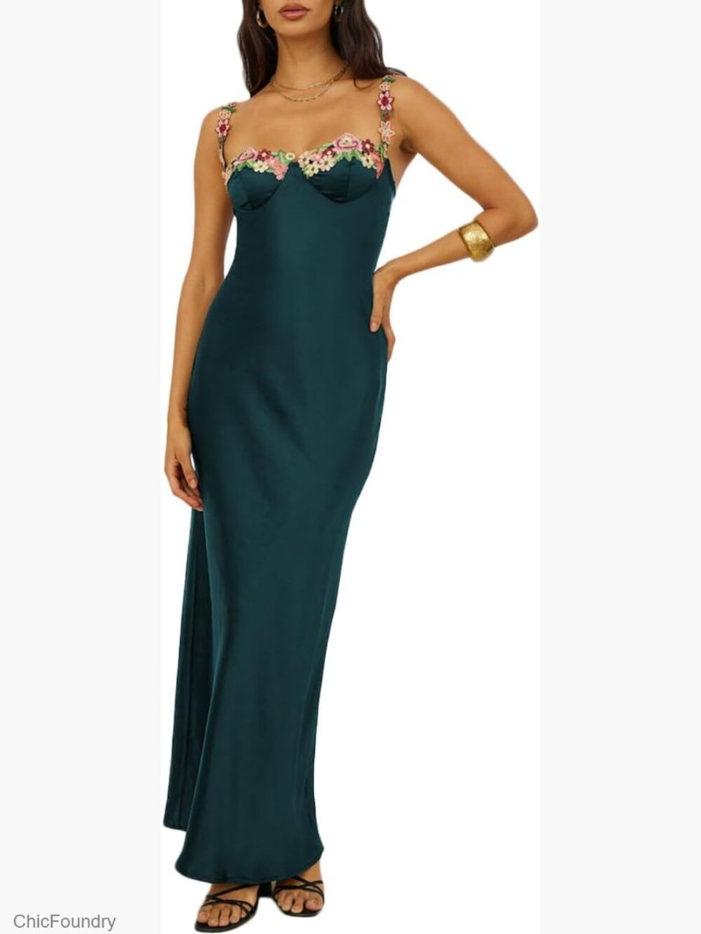 Satin Spaghetti Strap Floral Embroidered Maxi Dress Sweetheart Backless Slit